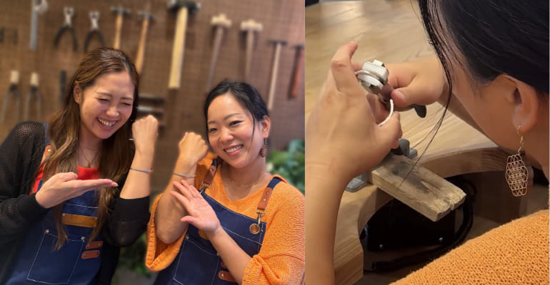 手ぶらで気軽に参加できる「うつくしみ長崎店」のバングル作り体験。選べる素材や模様、文字刻印でオリジナリティ溢れる仕上がりに。完成したアイテムはその日のうちにお持ち帰りいただけます。